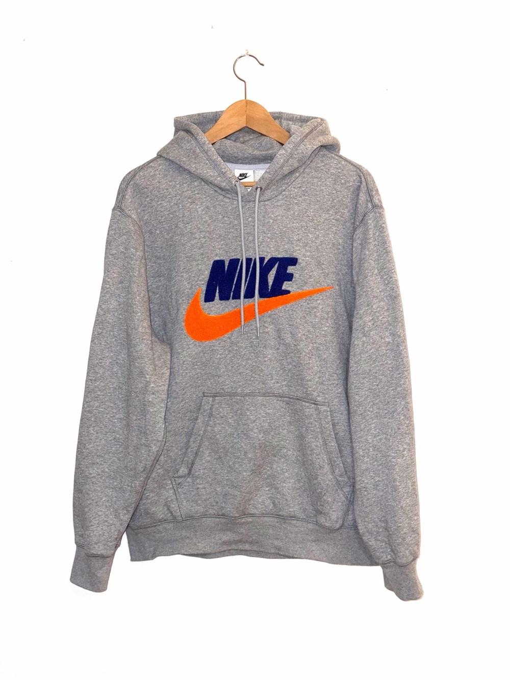 Nike Gray Pullover Hoodie with Navy Logo and Orange Swoosh Accent